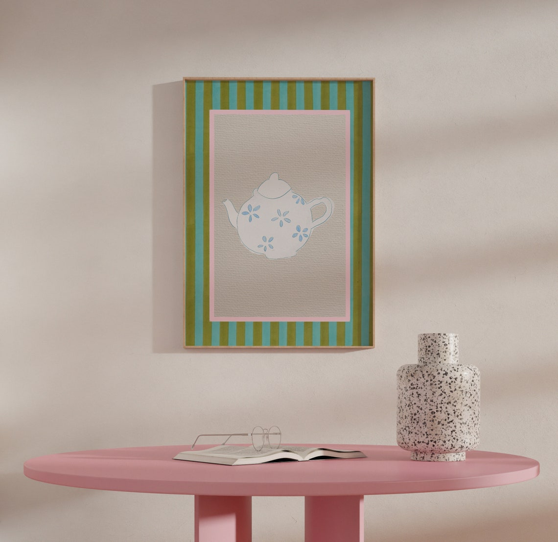 White Floral Teapot Blue Daisy Striped Border Kitchen Art Poster - Image 2