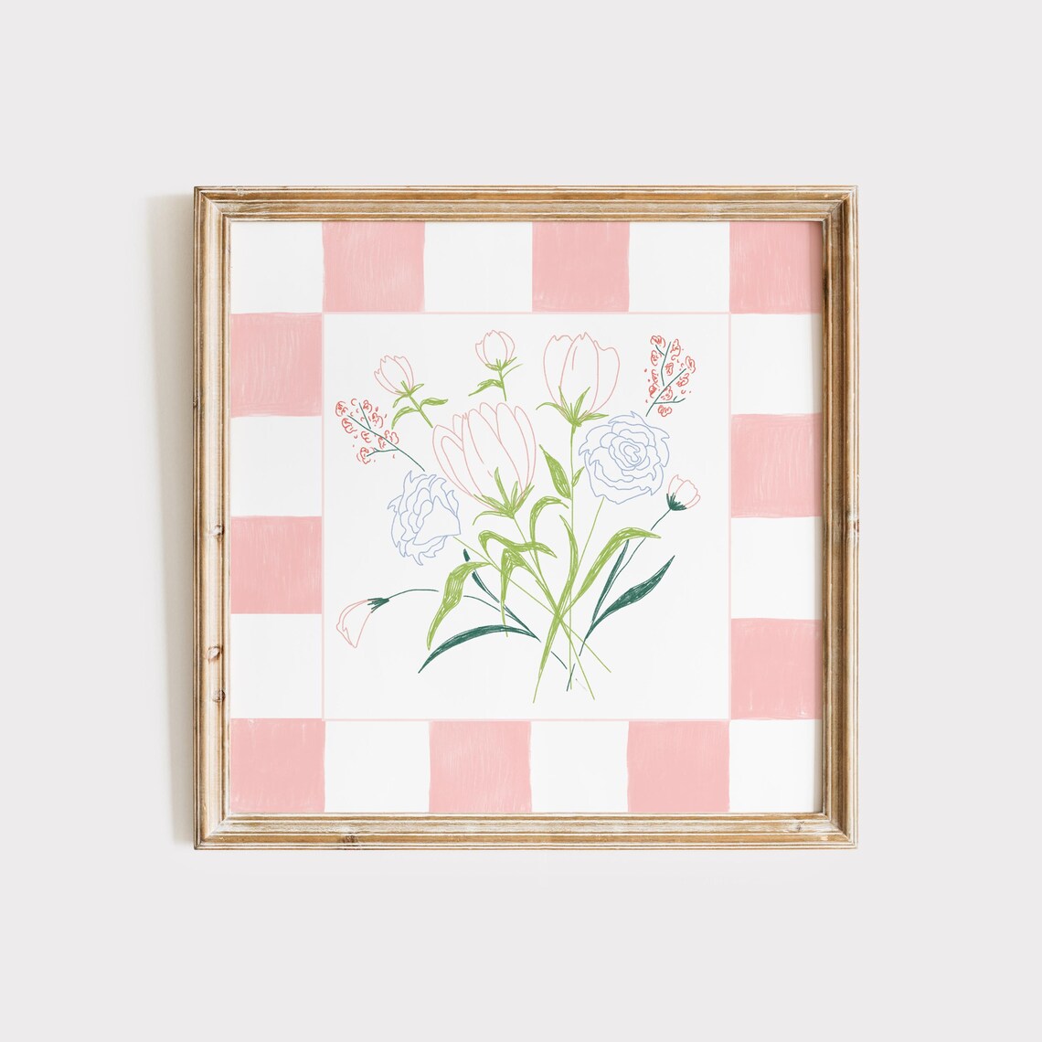 Pink Checkered Border Tulip And Rose Watercolor Bouquet Poster - Image 2