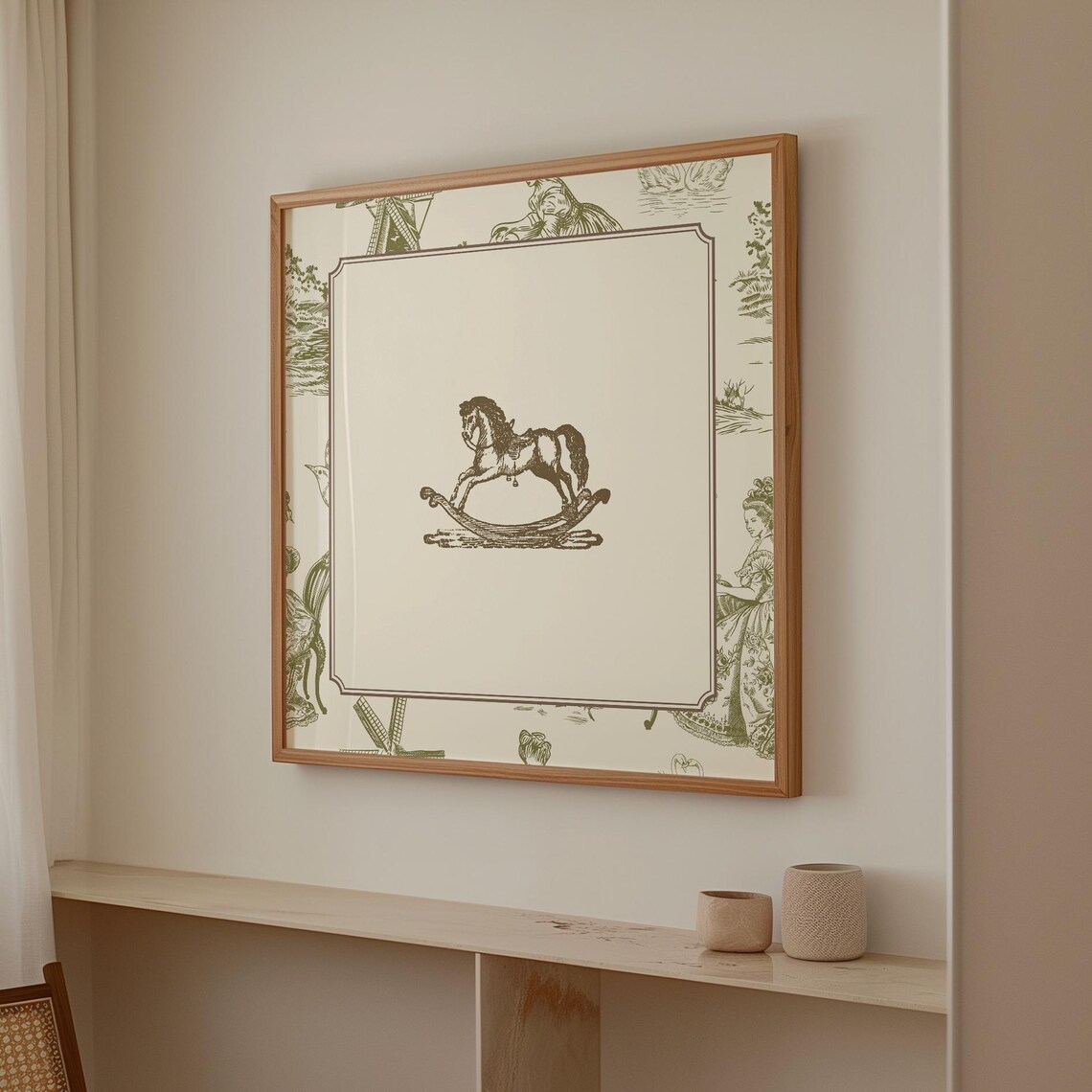 Green Toile Border Vintage Rocking Horse Engraving Nursery Poster - Image 3
