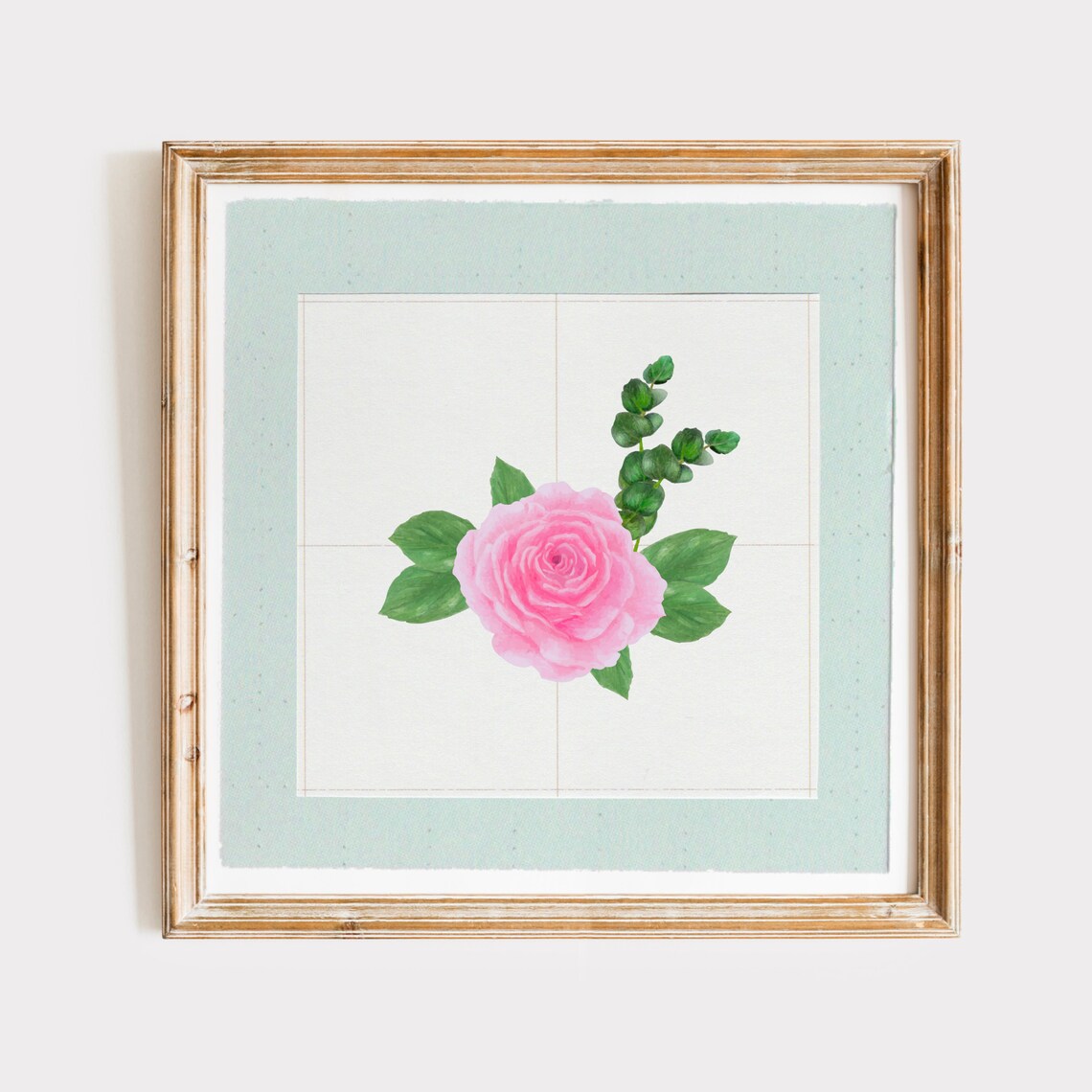 Delicate Pink Rose Bud With Green Leaves Square Cottagecore Art Print - Image 3