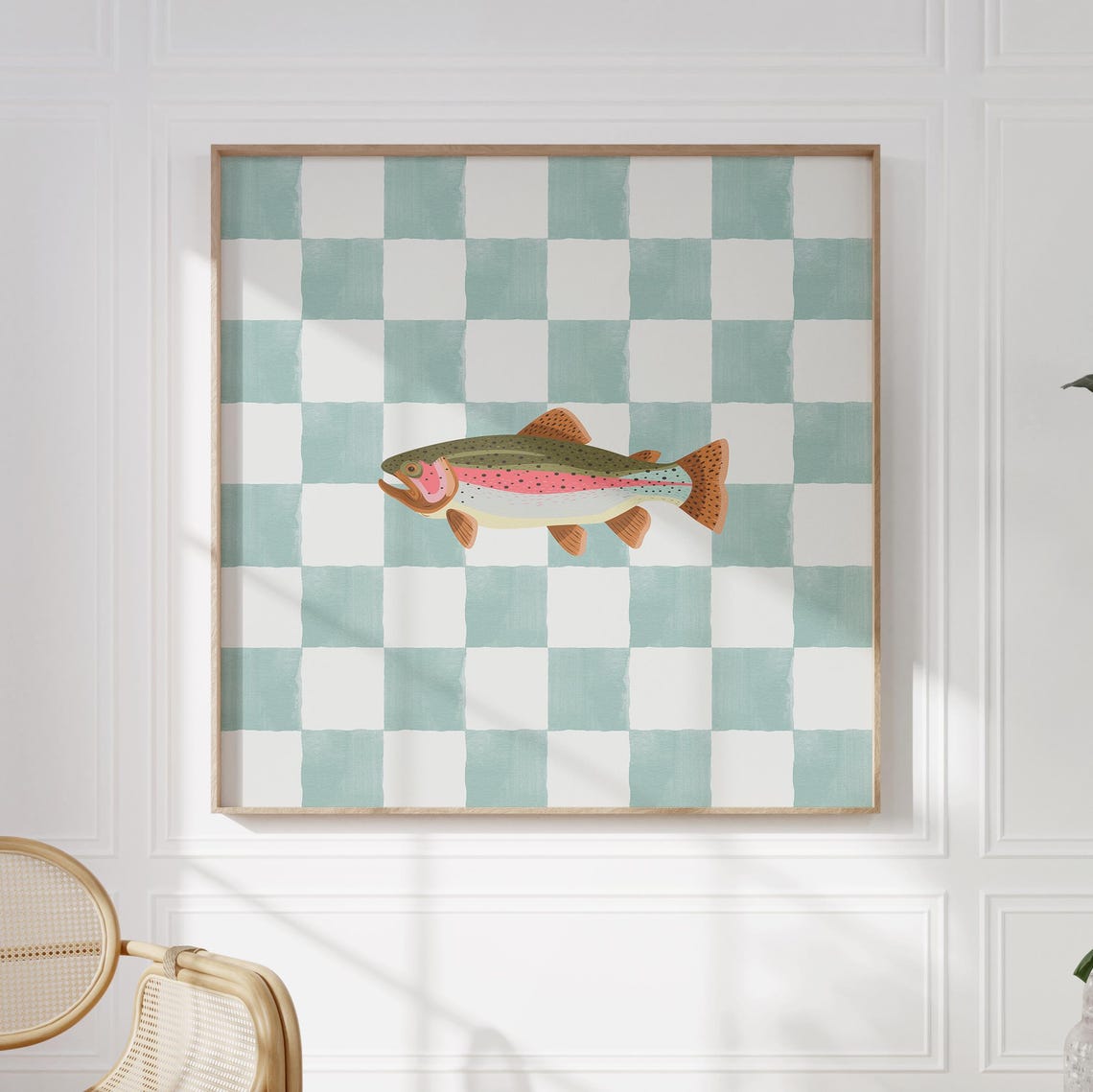 Rainbow Trout Teal Checkered Background Square Fish Decor Poster - Image 4