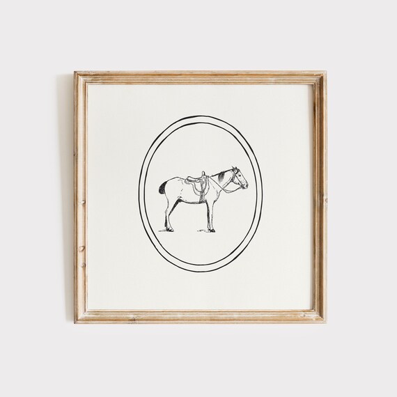 Saddled Horse Sketch In Oval Minimalist Equestrian Art Poster