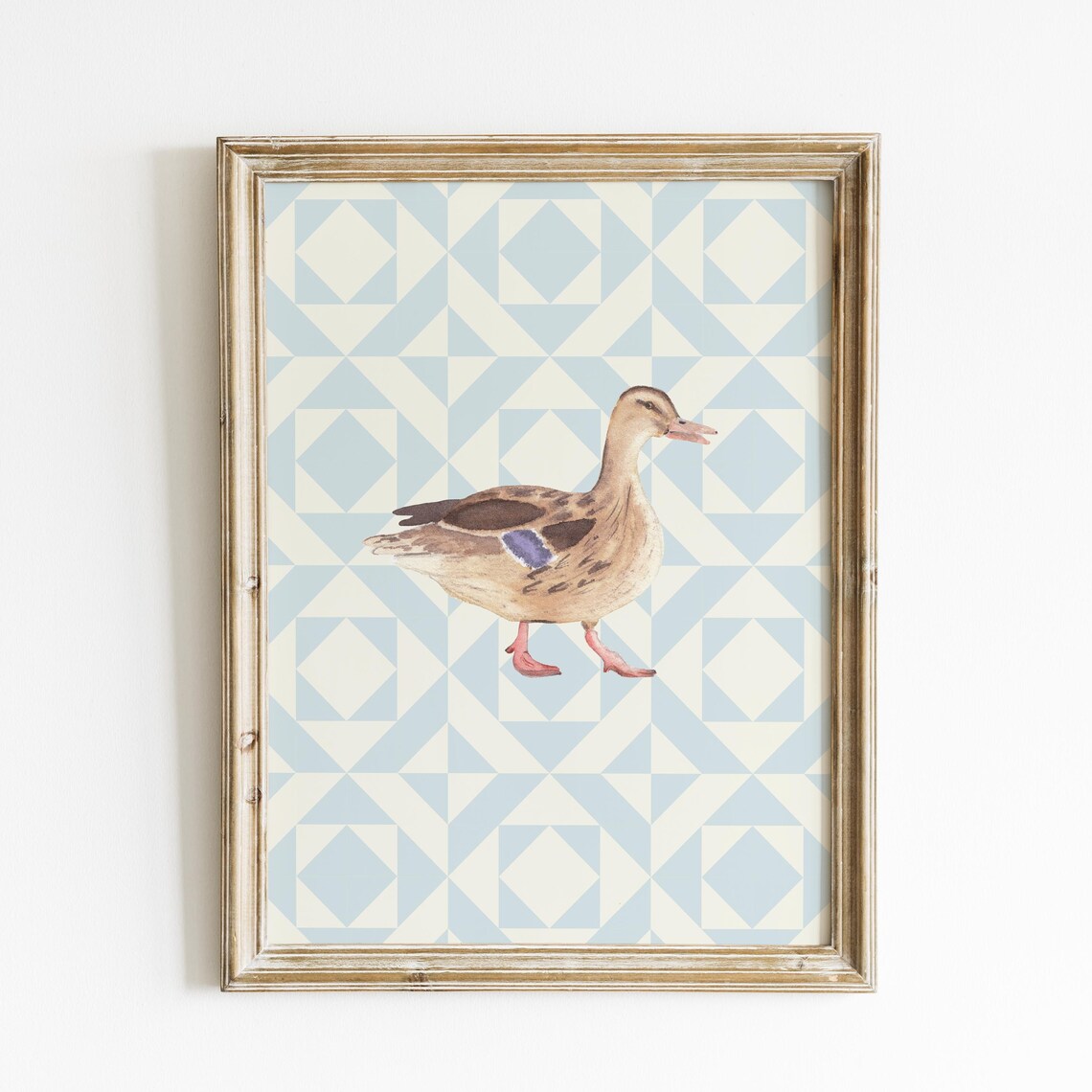 Female Mallard Duck Blue Quilted Pattern Watercolor Nursery Poster - Image 5