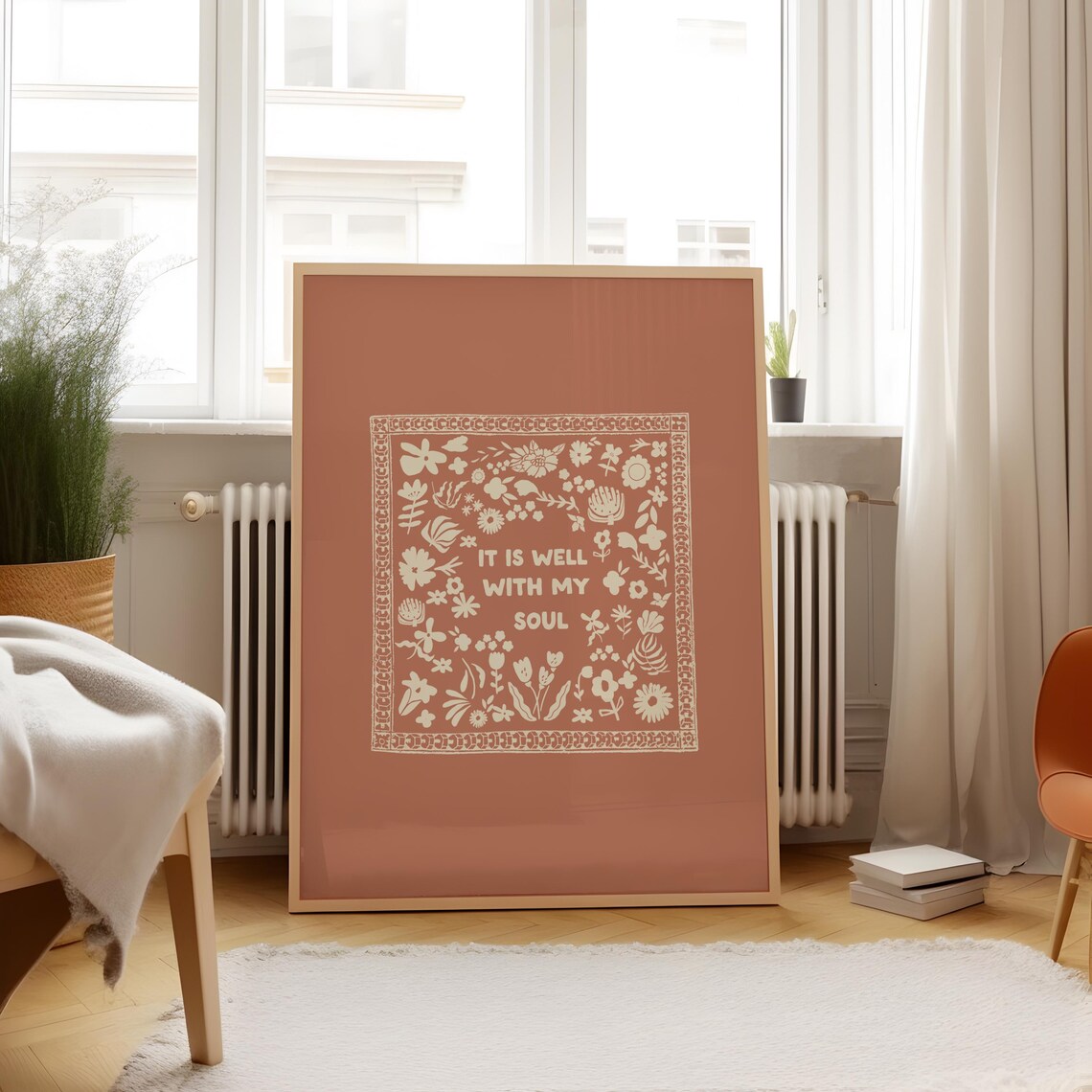 It Is Well With My Soul Cream Folk Quote Terracotta Wall Art Print - Image 3