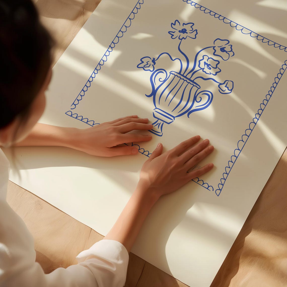 Cobalt Blue Floral Urn Scalloped Border Line Art Cream Wall Poster - Image 3