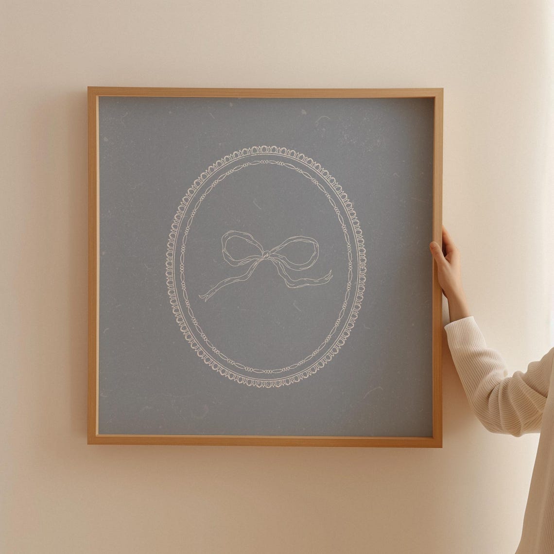 Delicate White Bow Sketch in Lace Oval Frame on Grey Blue Poster - Image 2