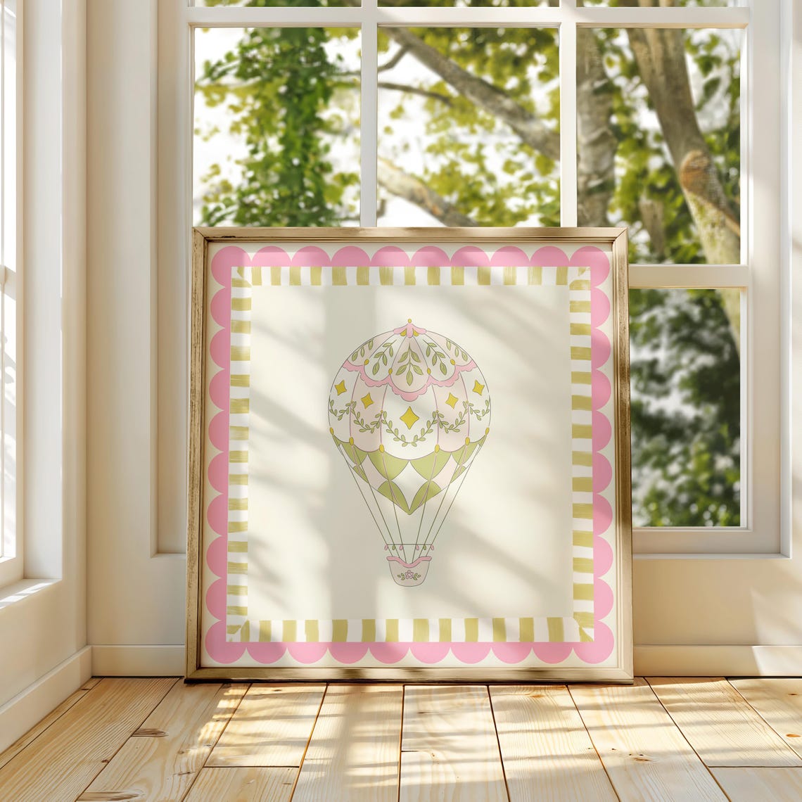 Pink Floral Hot Air Balloon Scalloped Border Nursery Art Poster - Image 3