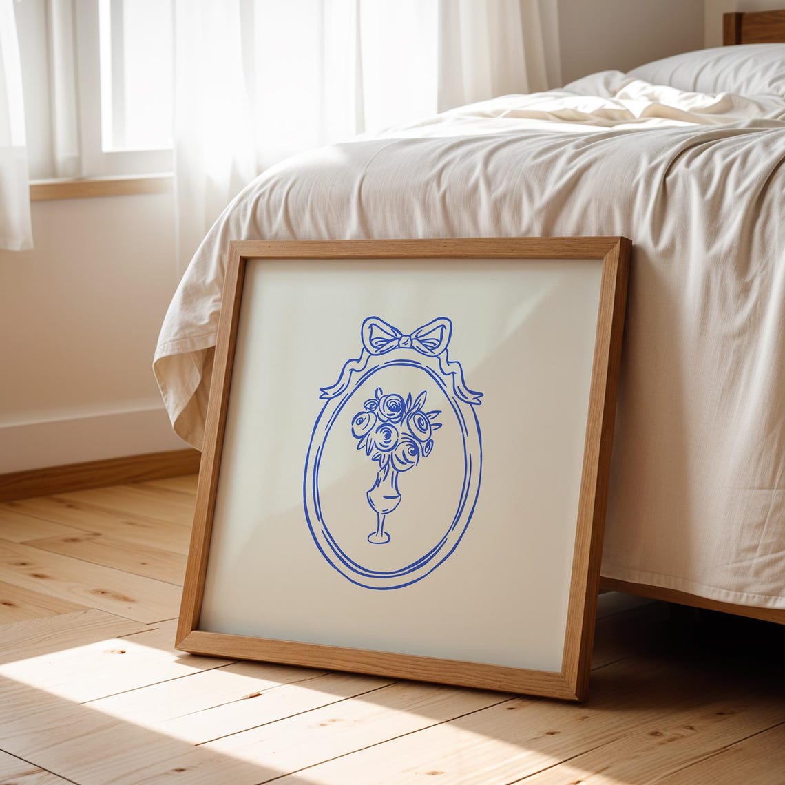 Blue Line Rose Bouquet Vase Coquette Bow Oval Frame Art Print - Image 2