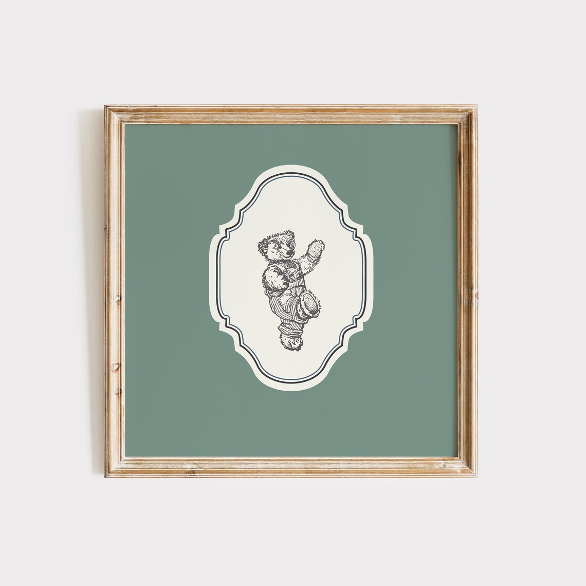 Vintage Waving Teddy Bear Sage Green Ornate Square Nursery Poster