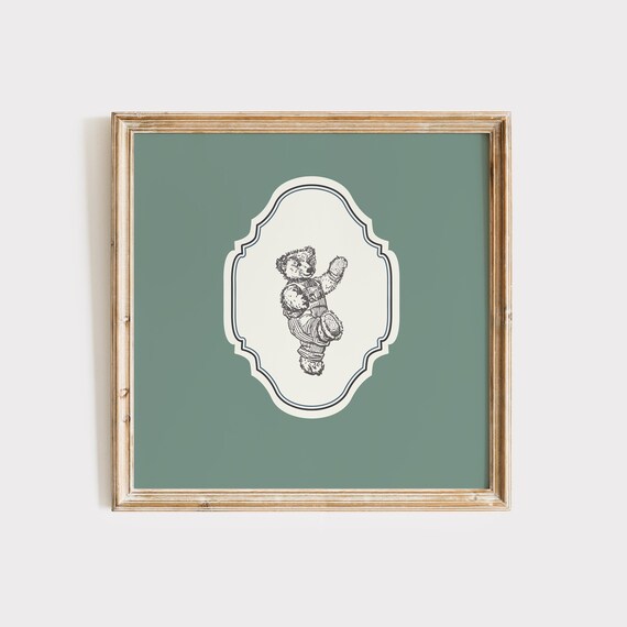 Vintage Waving Teddy Bear Sage Green Ornate Square Nursery Poster