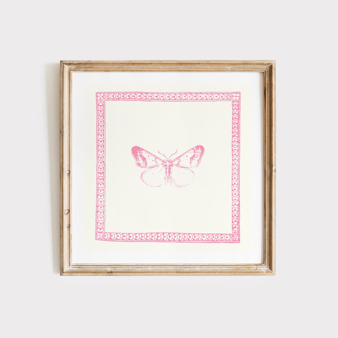 Minimalist Pink Line Butterfly With Ornate Border Square Art Print