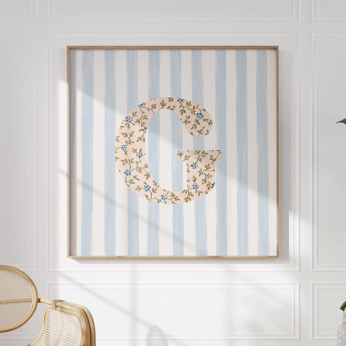 Floral Chintz Letter G Monogram Initial Blue Striped Wall Poster