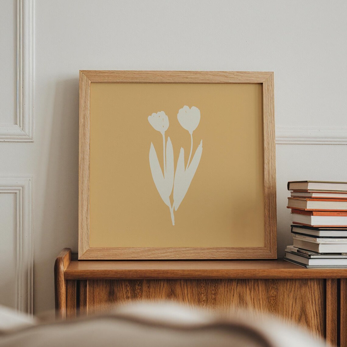 White Tulip Silhouette on Mustard Yellow Minimal Floral Wall Art - Image 3