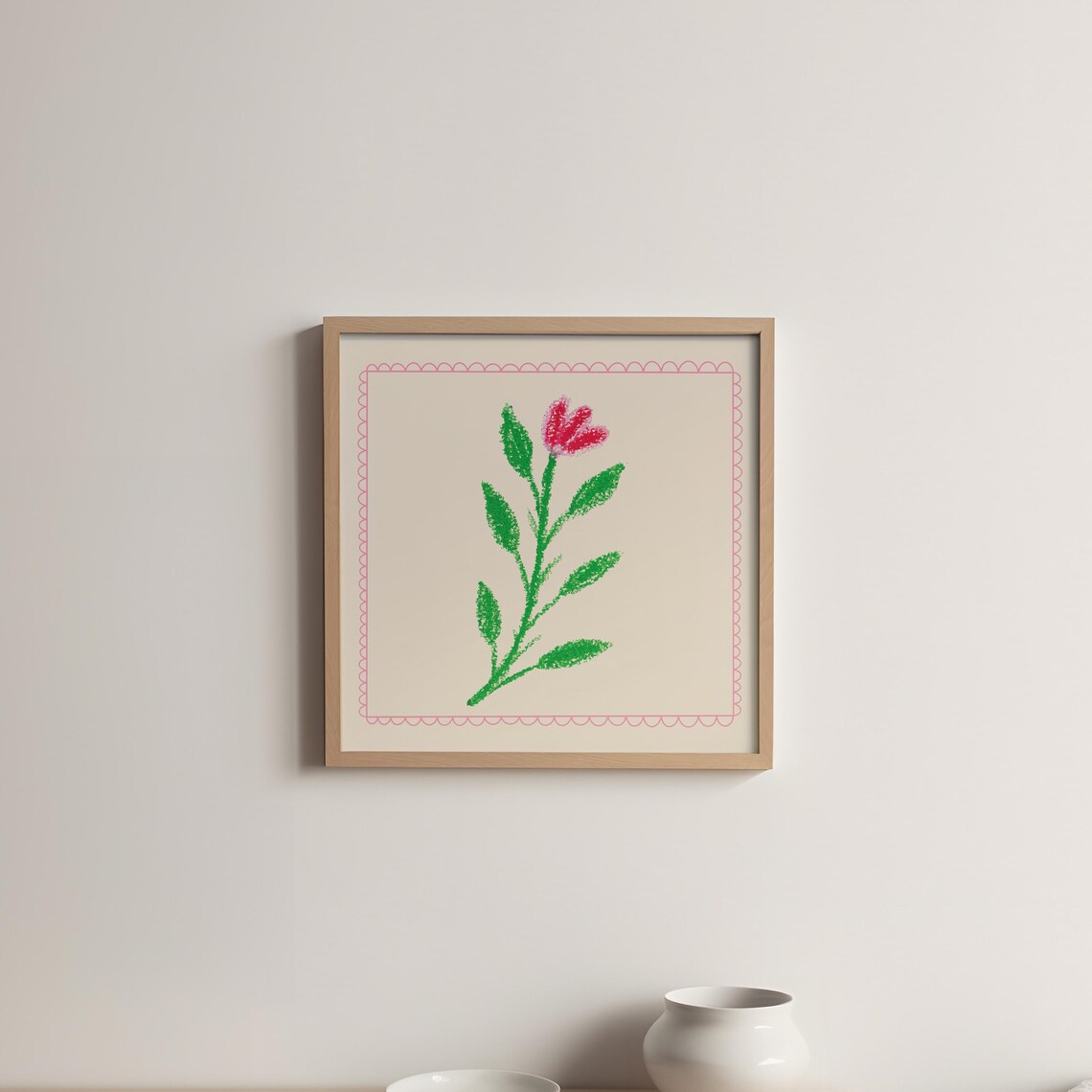 Pink Flower Doodle Green Stem Scalloped Border Playful Kids Wall Art - Image 5