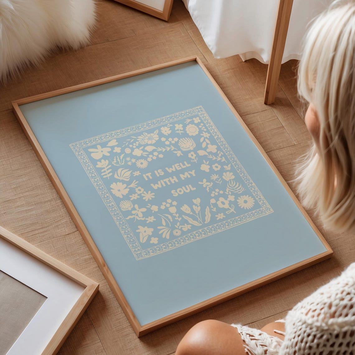 It Is Well With My Soul Cream Folk Quote Sky Blue Wall Art Print - Image 2