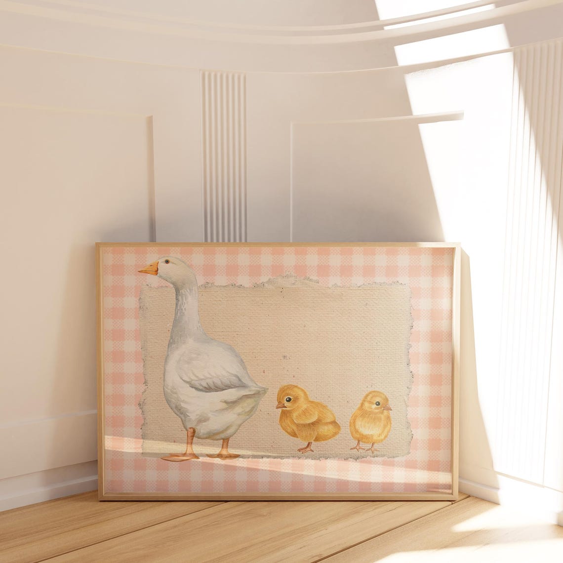 Goose and Two Chicks Pink Gingham Mother Goose Nursery Poster - Image 2