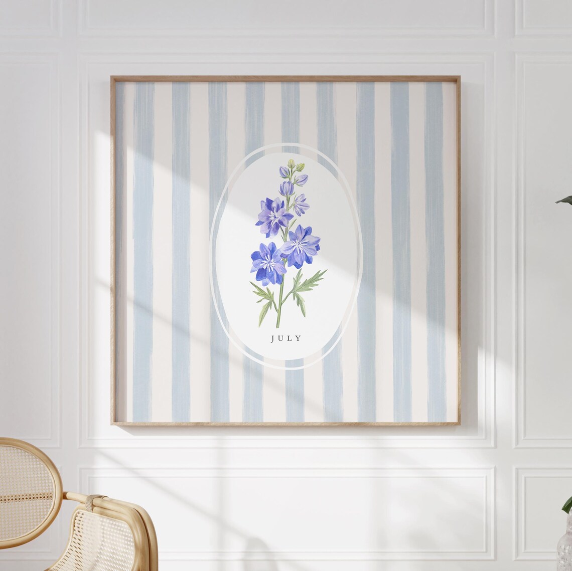 July Larkspur Birth Flower Blue Striped Botanical Art Poster - Image 3