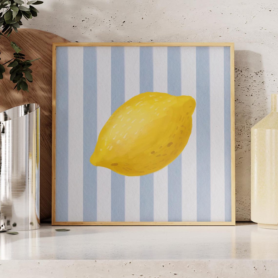 Watercolor Lemon Fruit Blue Stripes Square Kitchen Wall Poster