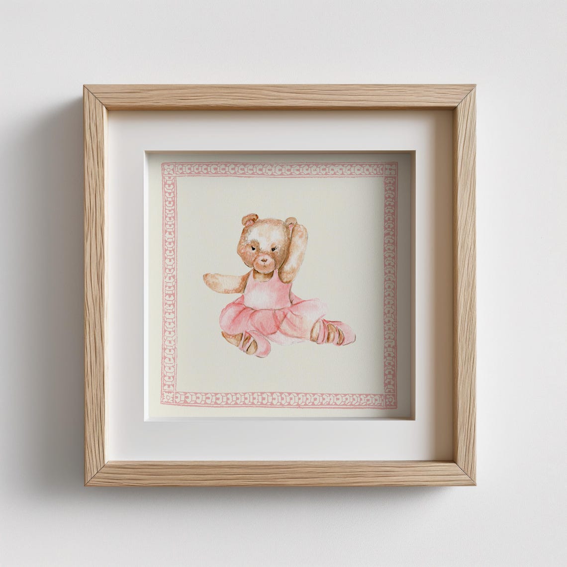 Teddy Bear Ballerina Tutu Watercolor Pink Border Nursery Wall Art - Image 3
