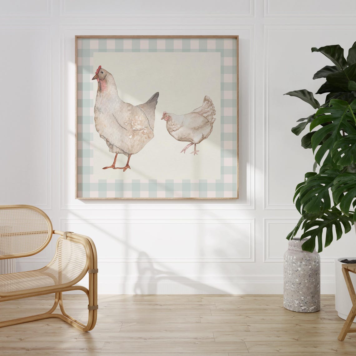 Watercolor Chickens Pair Gingham Check Border Farmhouse Poster - Image 2