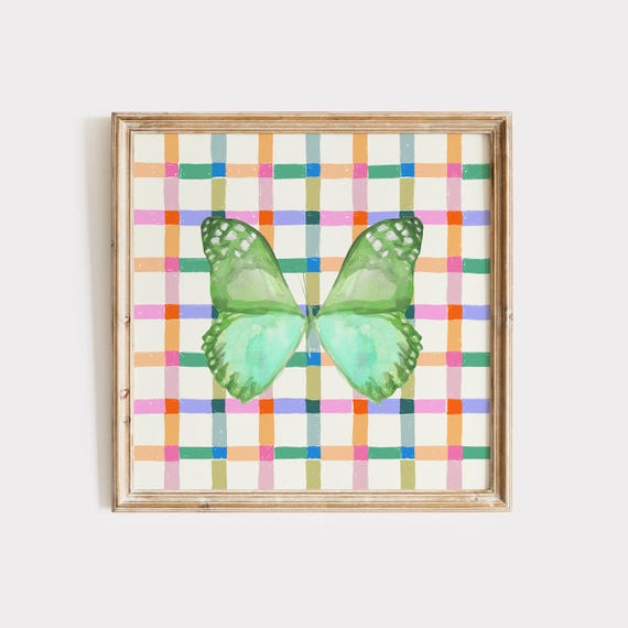 Colorful Hand Drawn Check Butterfly Print Instant Wall Art Trendy Decor Illustration Living Room Art Nursery