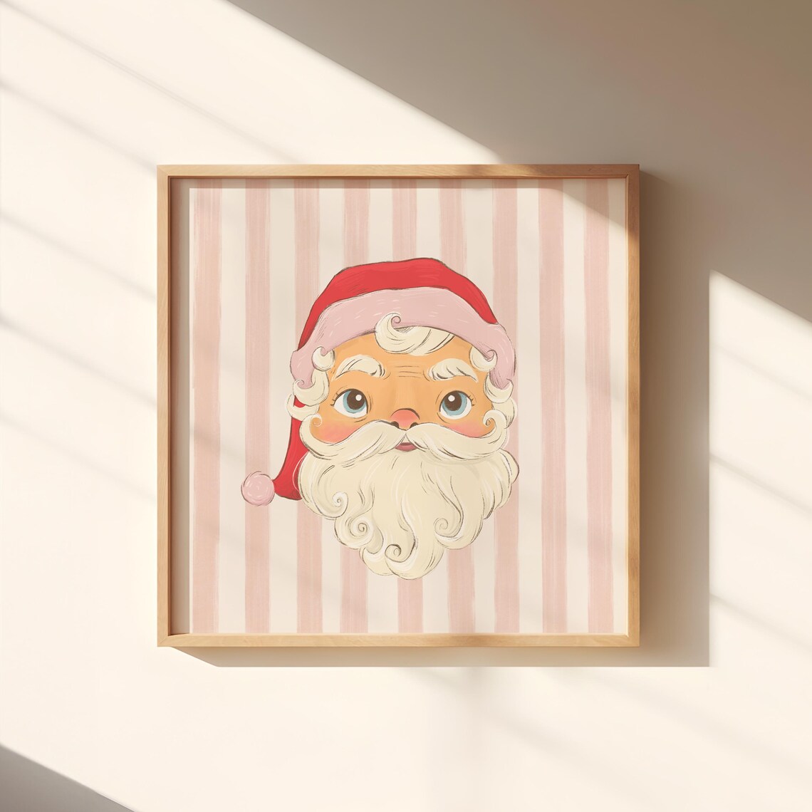 Whimsical Santa Claus Face Pink Striped Square Christmas Poster - Image 3