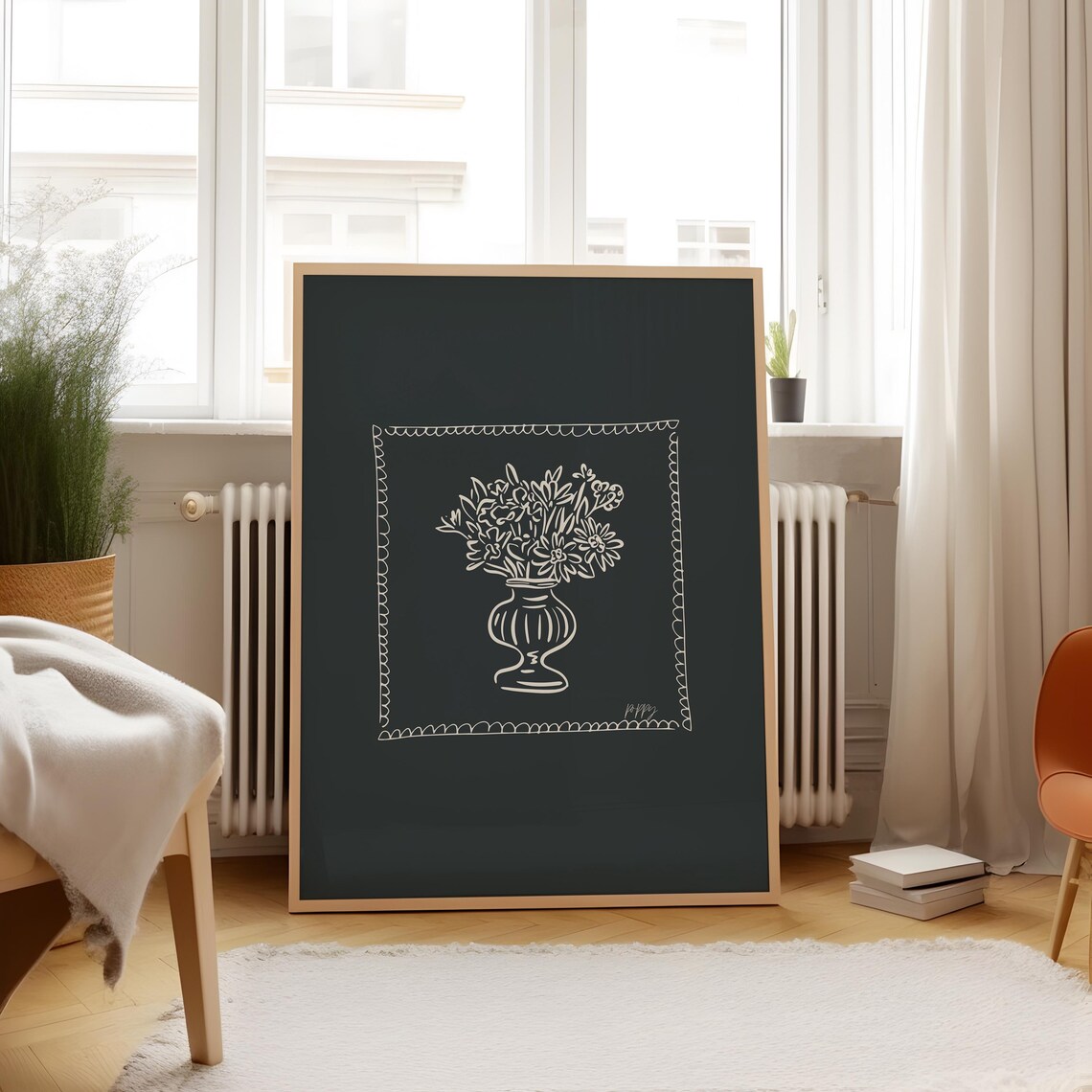 Cream Floral Urn Scalloped Border Charcoal Black Moody Floral Poster - Image 5