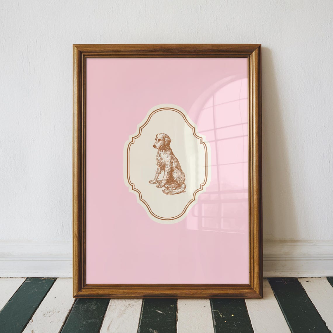 Vintage Sitting Dog Etching Pink Vertical Ornate Nursery Wall Art - Image 2