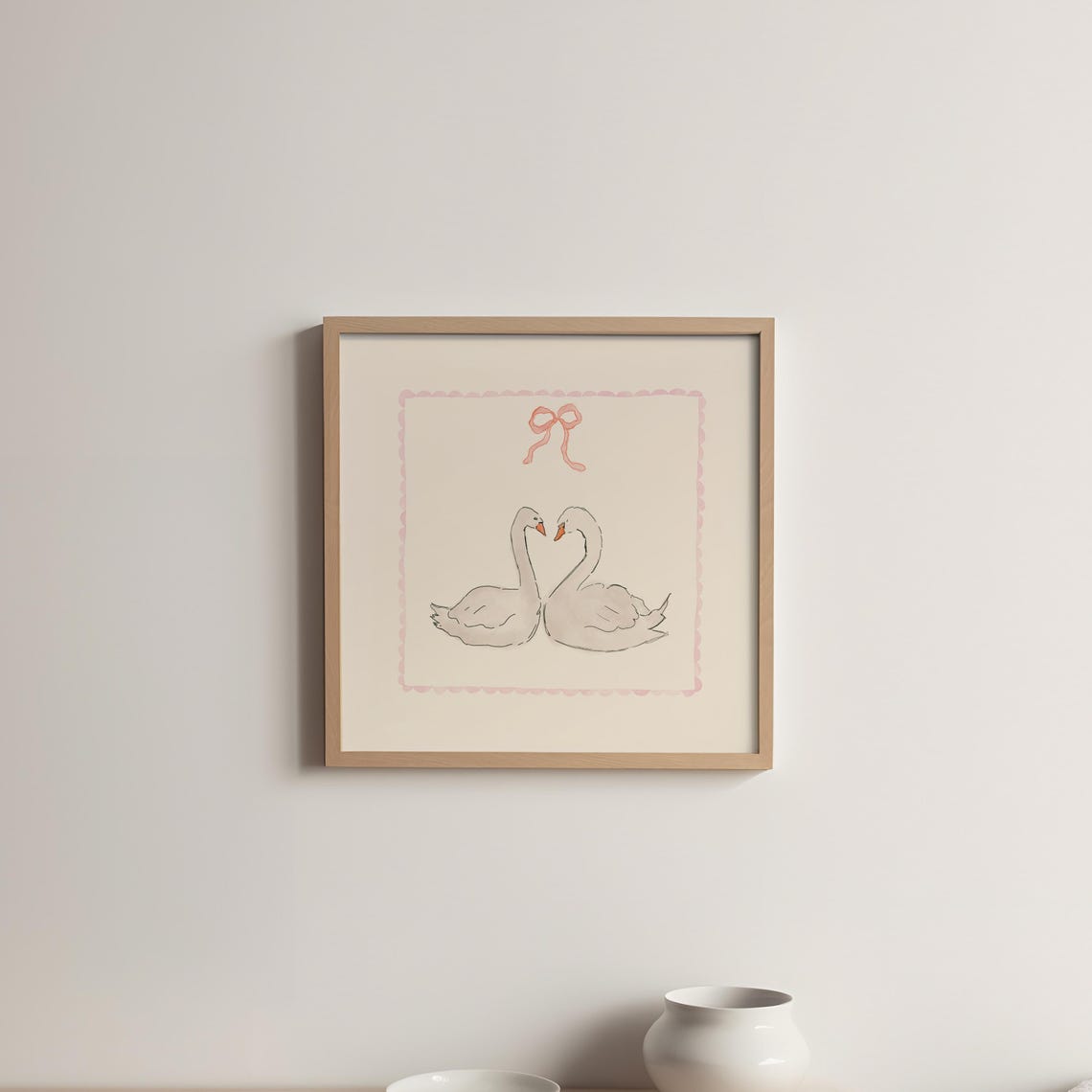 White Swan Pair Pink Bow Scalloped Border Romantic Watercolor Poster - Image 3