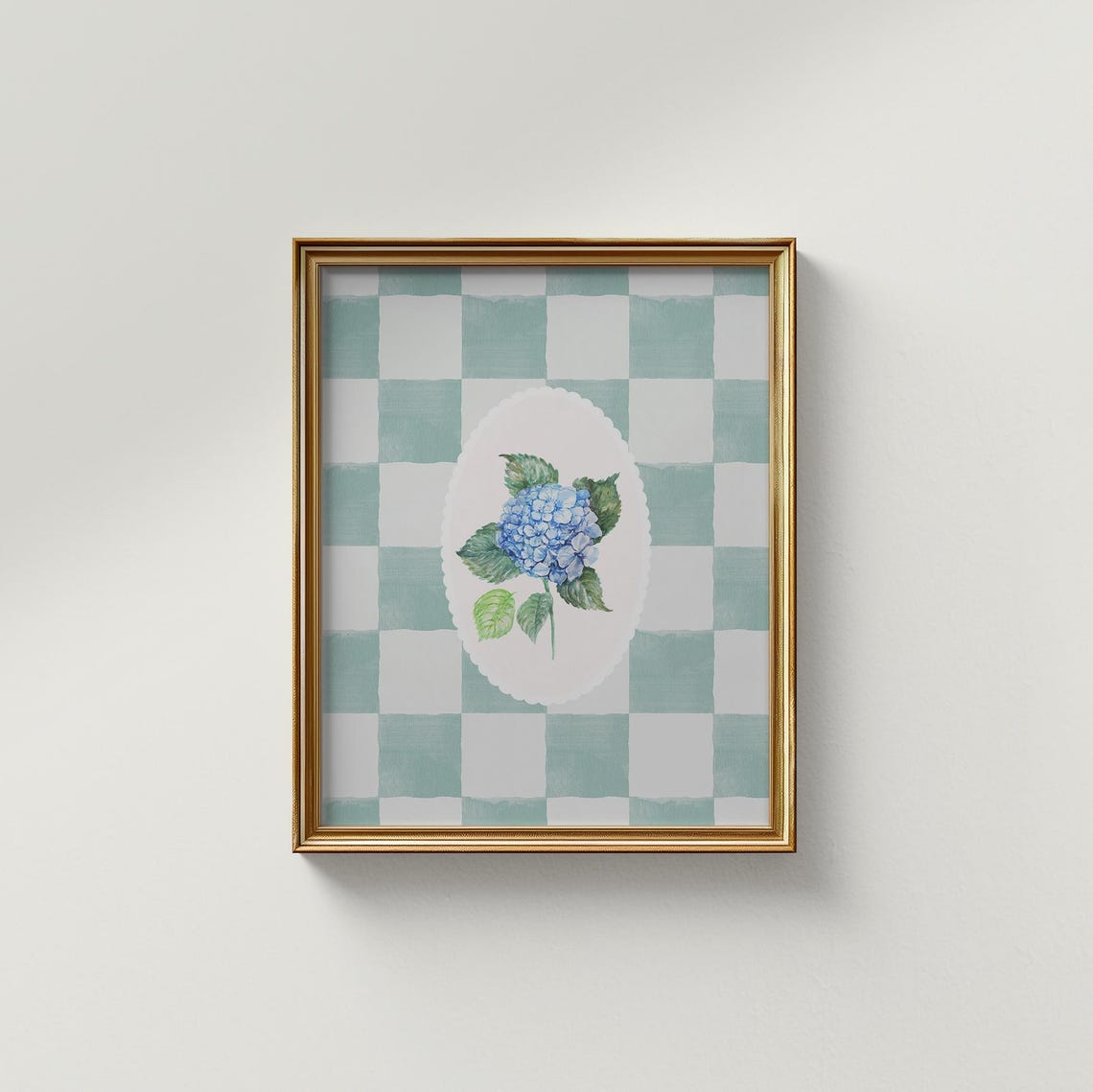 Blue Hydrangea Watercolor Cameo on Blue Gingham Check Poster - Image 2