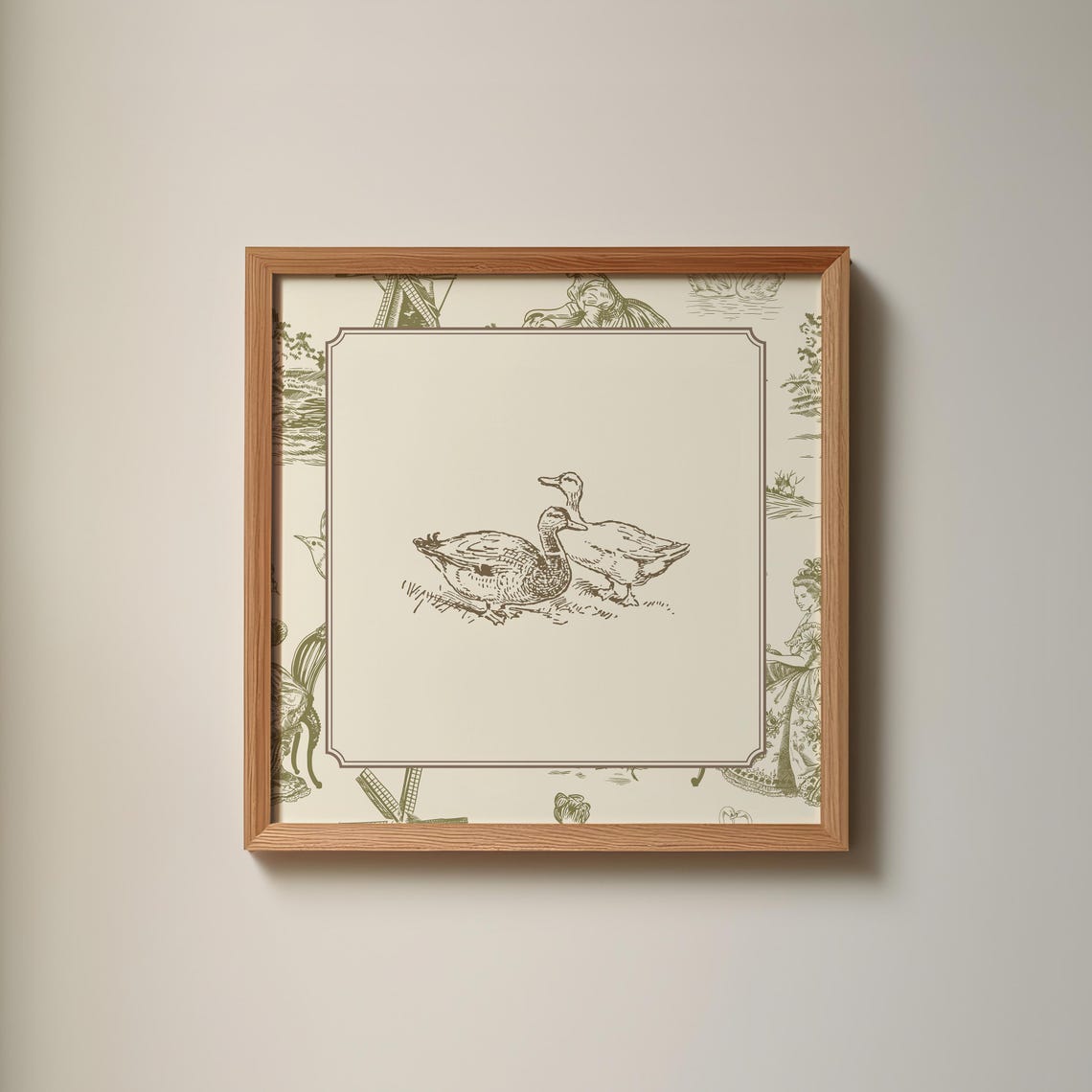 Cute Green Toile Border Two Ducks Engraving Vintage Bird Poster - Image 5