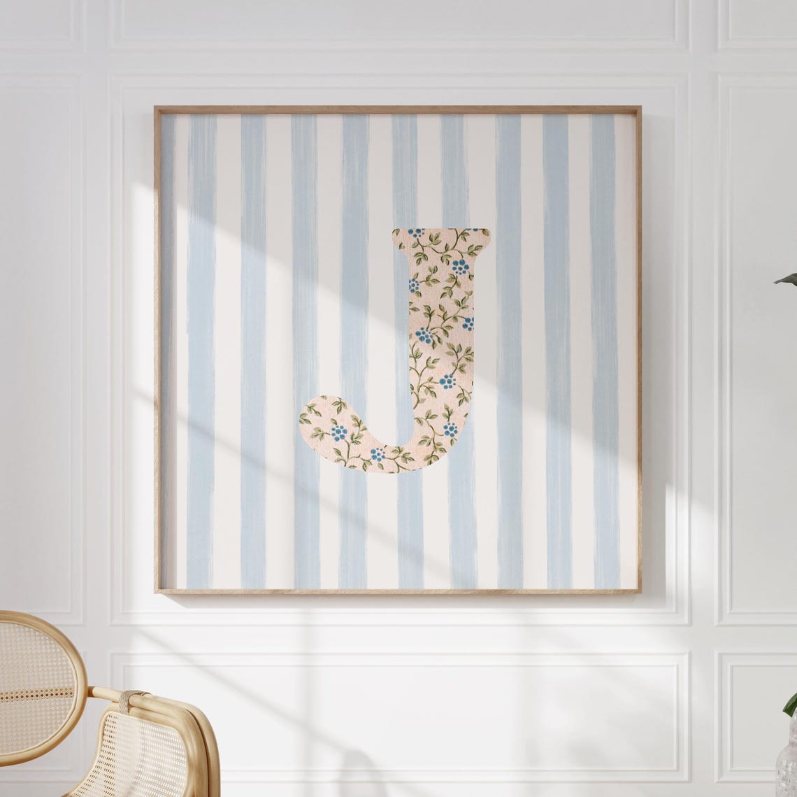 Floral Chintz Letter J Monogram Initial Blue Striped Wall Poster