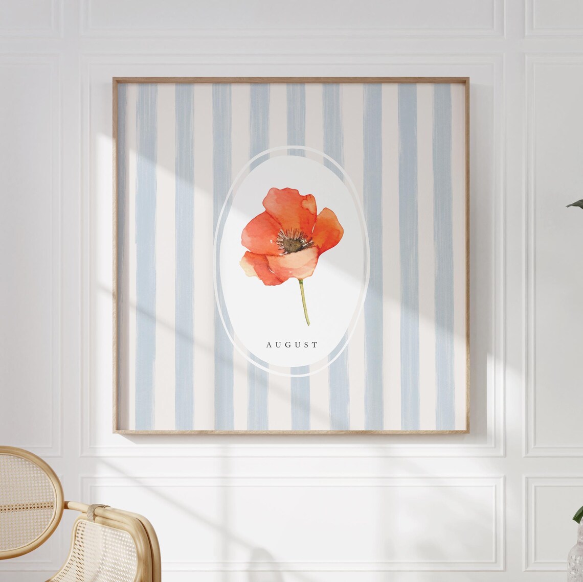 August Poppy Birth Month Flower Watercolor Striped Art Poster - Image 3