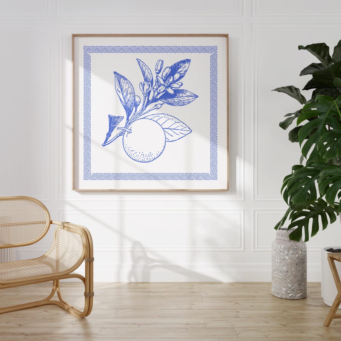 Crisp Blue Line Orange Branch with Herringbone Border Poster - Image 2