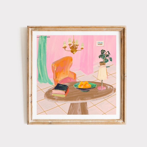 Pink Room Interior Chandelier Orange Chair Books Still Life Art Poster