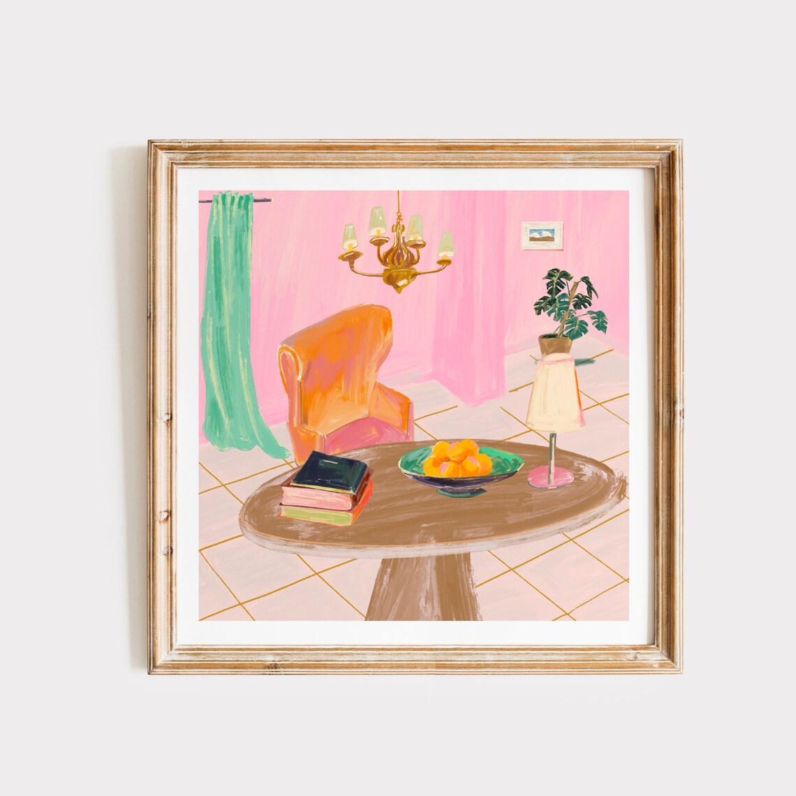 Pink Room Interior Chandelier Orange Chair Books Still Life Art Poster