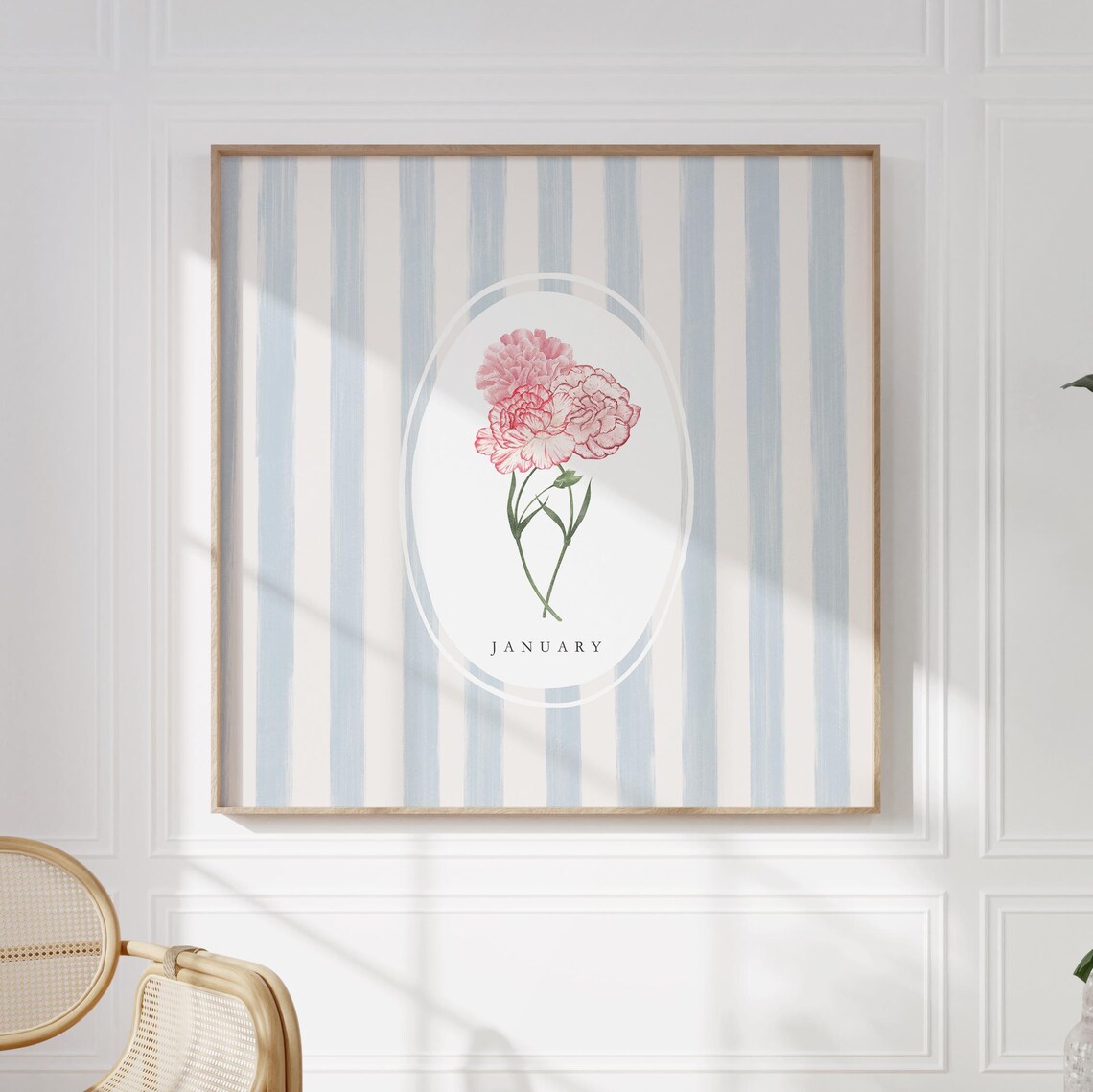 January Pink Carnation Birth Month Flower Blue Stripe Watercolor Gift Poster - Image 3