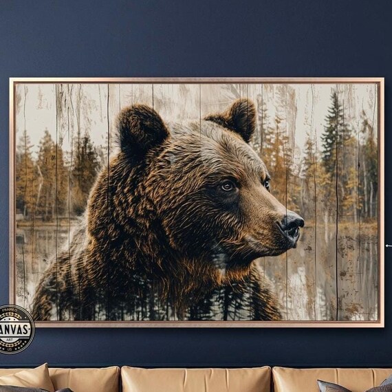 Bear Profile On Weathered Wood Forest Lake Rustic Wildlife Art Poster
