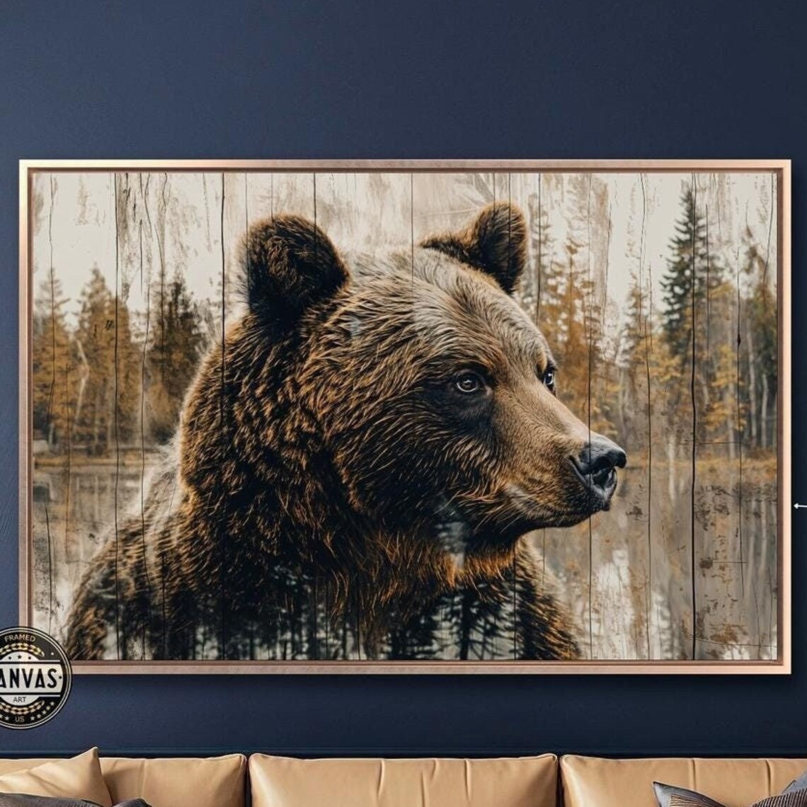 Bear Profile On Weathered Wood Forest Lake Rustic Wildlife Art Poster