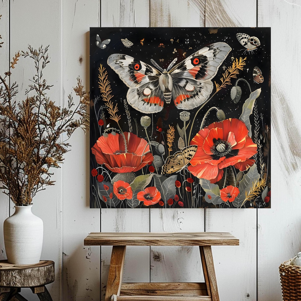 Moths And Poppies, Cottagecore Vintage Botanical Art Print - Image 3