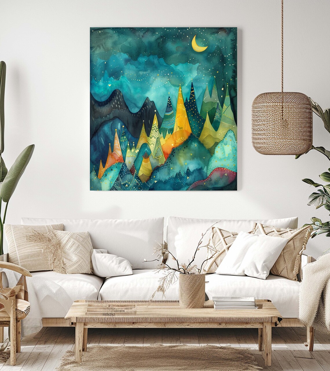 Whimsical Watercolor Night Sky Mountain Art Print - Image 2