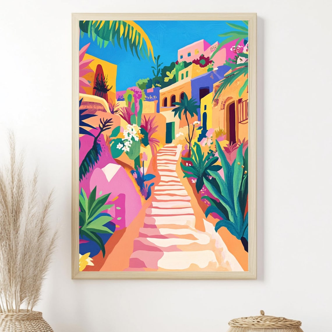 Mediterranean Village Travel Poster, Vibrant Decor