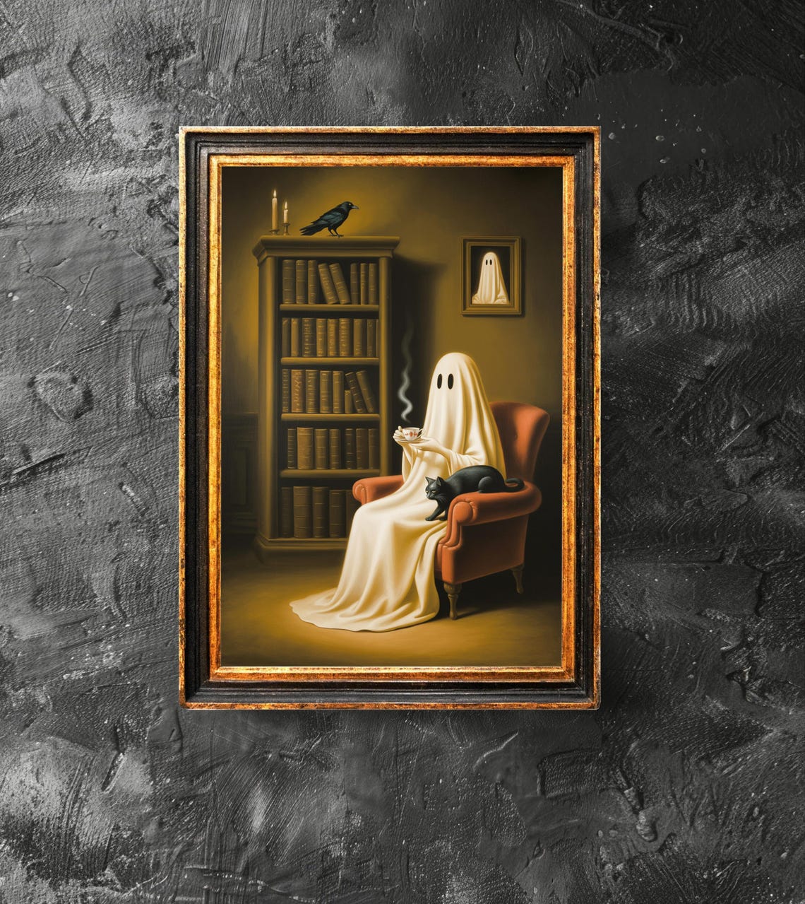 Drinking Coffee In Library Poster Black Cat And Crow Wall Art Halloween Decor