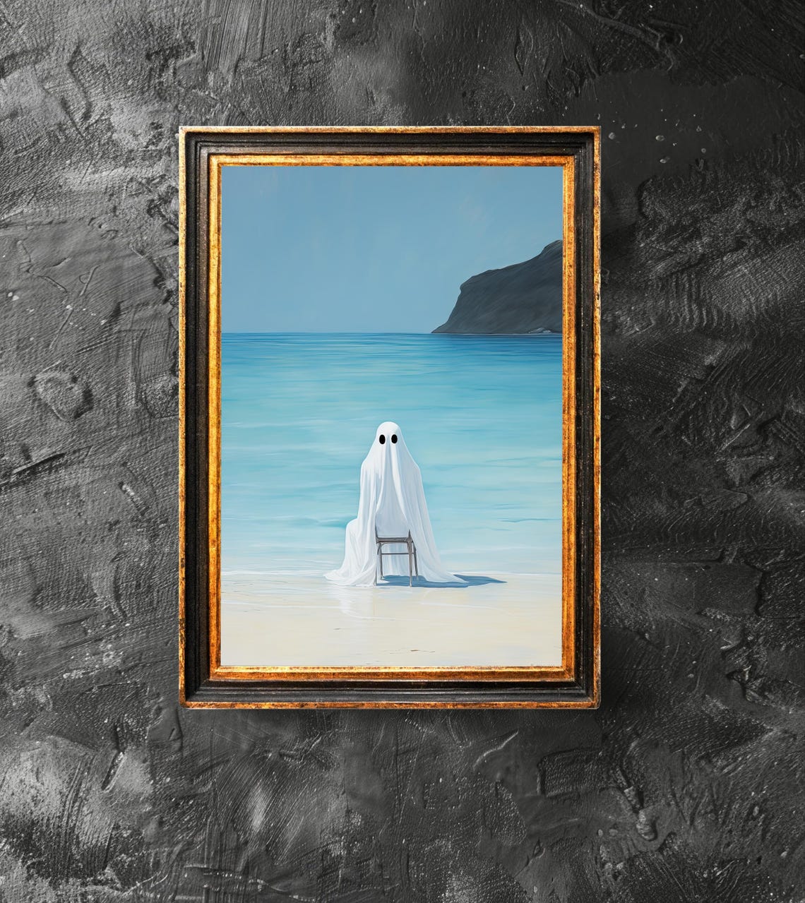 Sheet Ghost Sitting on Chair at the Beach Coastal Halloween Poster