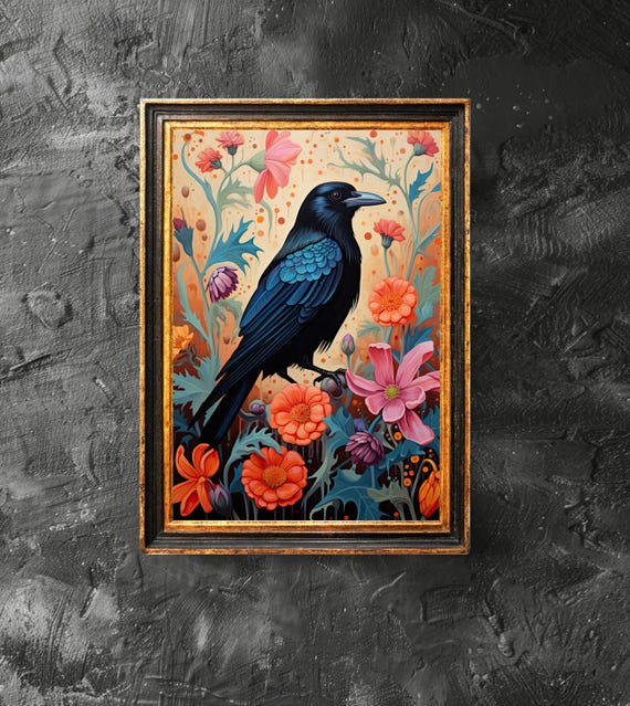 Black Crow With Flowers Art Lover Gift Gothic Victorian Dark Academia Vintage Poster