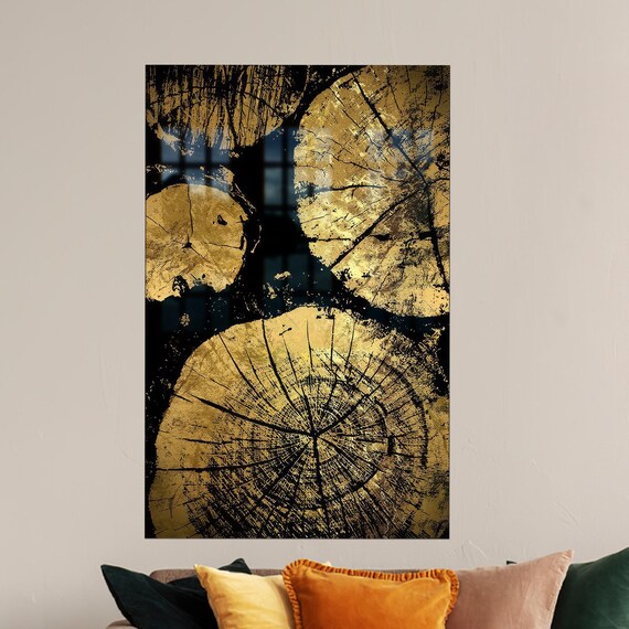 Golden Tree Ring Cross Sections on Black Abstract Gold Art Poster