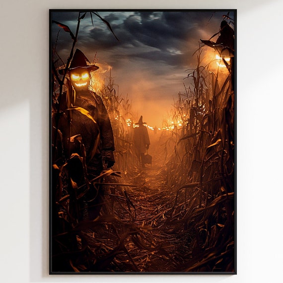 A Haunted Cornfield Wall Art Dark Moody Scarecrows Print Vintage Halloween Art Gothic Home Decor Dark Academia Spooky Season