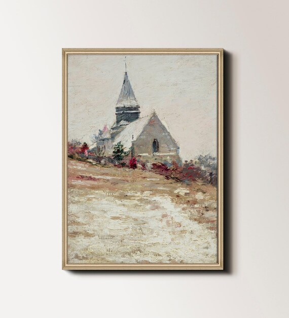 Snowy Country Church With Tall Stone Steeple Winter Landscape Poster