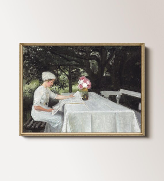 Woman In White Reading At Garden Table Vintage Portrait Painting Poster