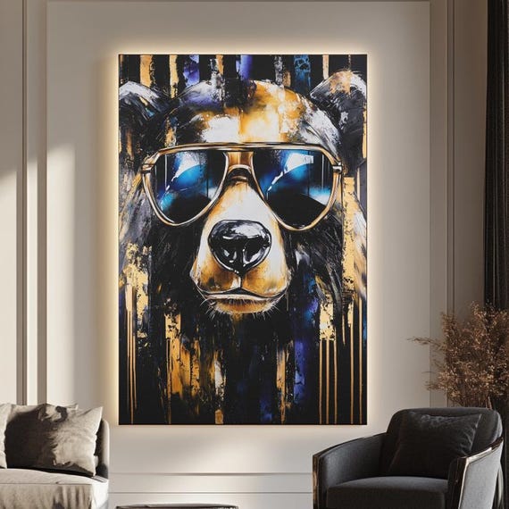 Luxury Bear Wall Art Abstract Animal Canvas Modern Gold Decor Large Cool Painting For Living Room Unique Artwork